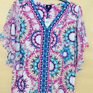 JM Collection 2X Womens multi blue/pink/white stretch tunic top w/chiffon sleeve